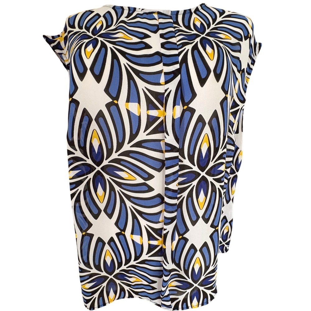Worthington Petite Blue Geometric Petal Print Pleated Blouse PL Gold Button Back